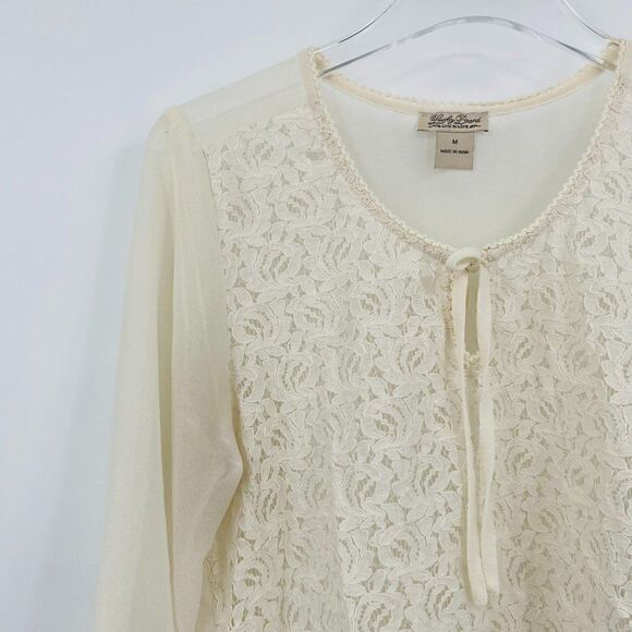 Lucky Brand Size Medium Ivory Floral Lace Front 3/4 Sleeve Boho Blouse Top - Picture 4 of 7
